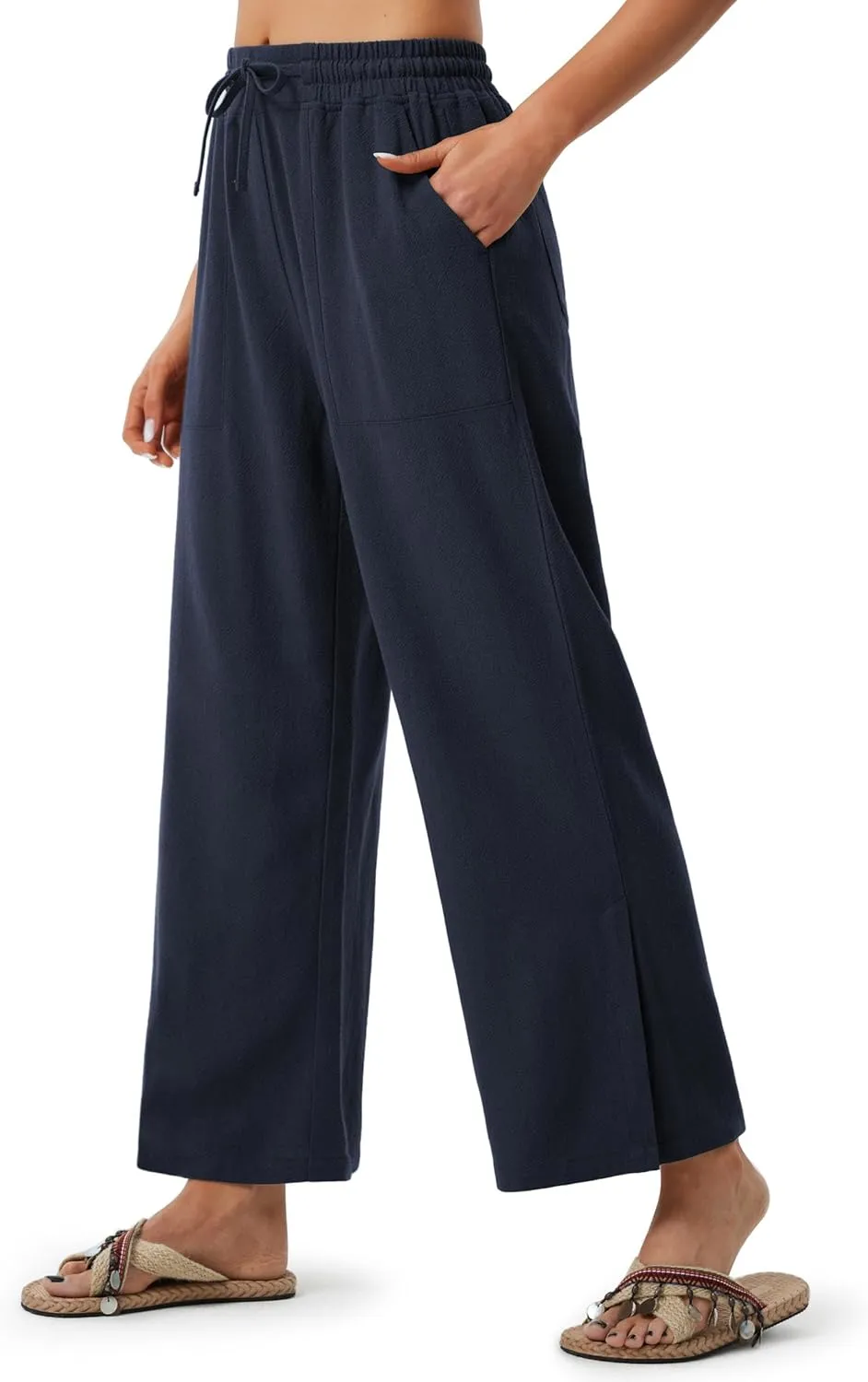 Libin Women Linen Pants Wide Leg Side Slit Ankle Pants High Waist Drawstring Casual Palazzo Loose Beach Pant Cropped Trousers