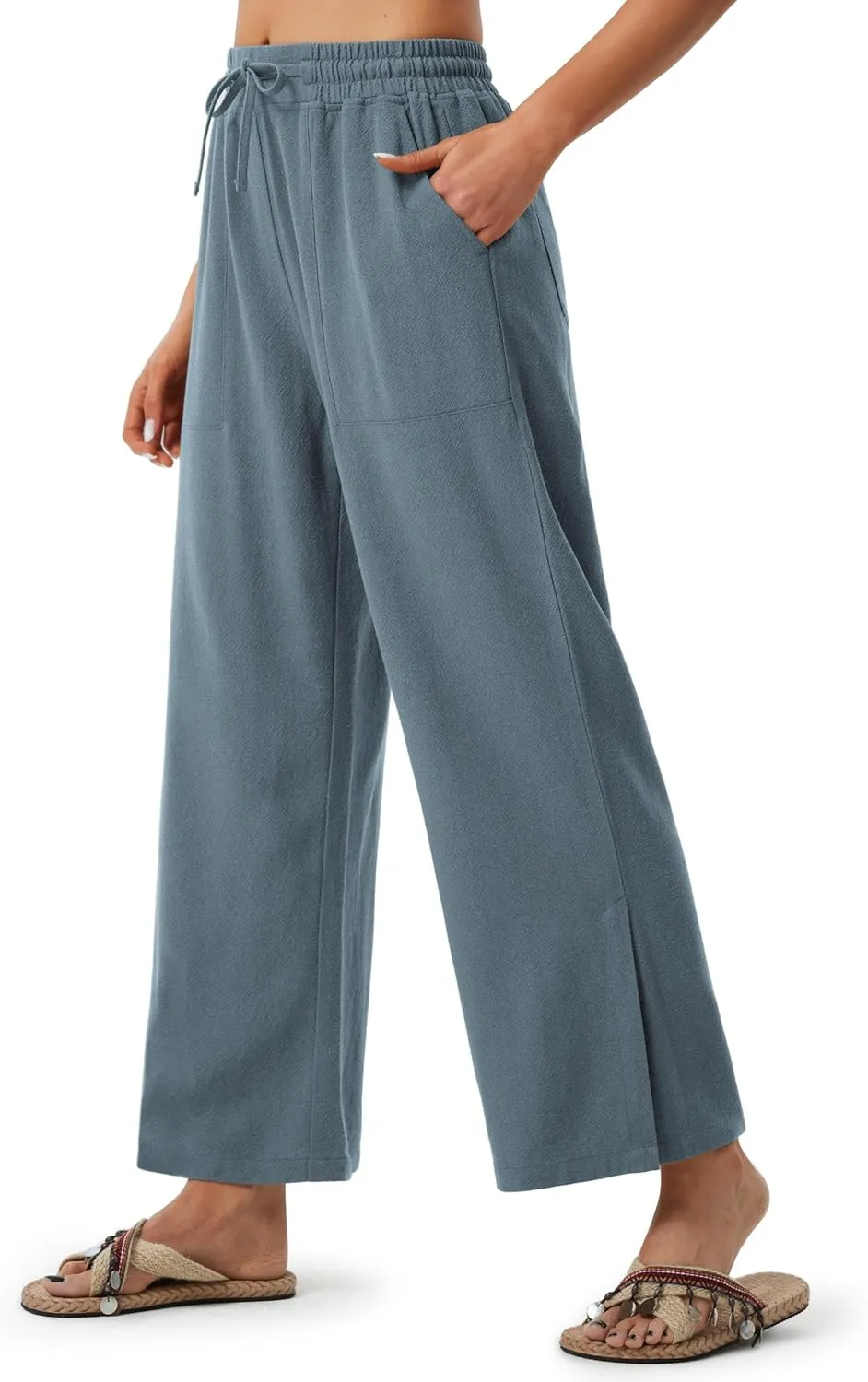 Libin Women Linen Pants Wide Leg Side Slit Ankle Pants High Waist Drawstring Casual Palazzo Loose Beach Pant Cropped Trousers