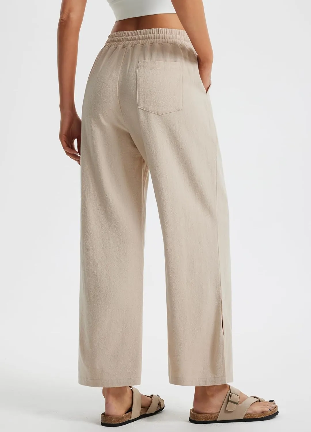 Libin Women Linen Pants Wide Leg Side Slit Ankle Pants High Waist Drawstring Casual Palazzo Loose Beach Pant Cropped Trousers