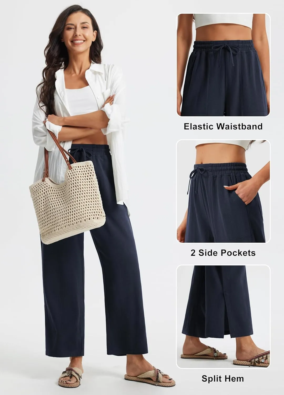 Libin Women Linen Pants Wide Leg Side Slit Ankle Pants High Waist Drawstring Casual Palazzo Loose Beach Pant Cropped Trousers