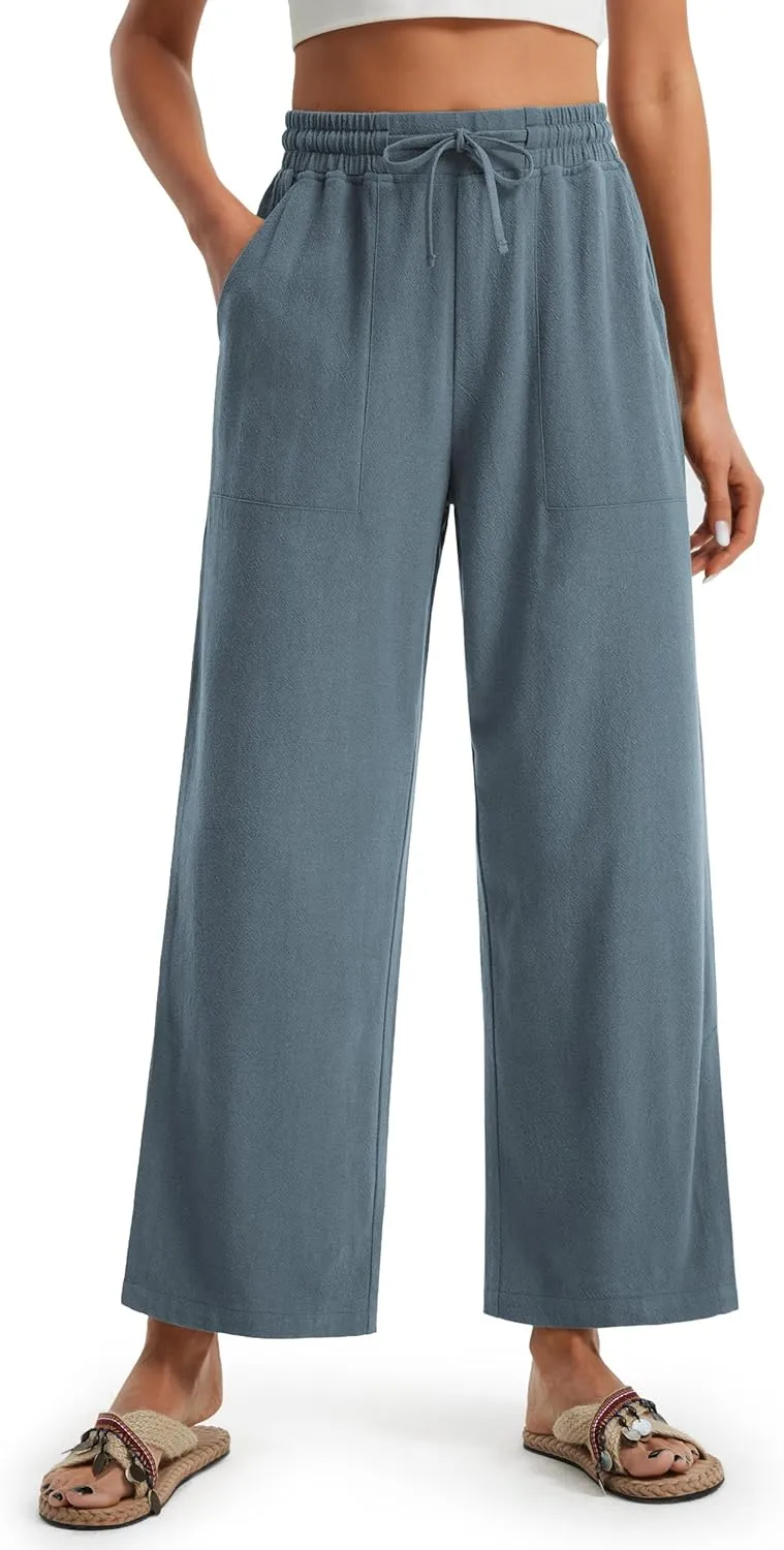 Libin Women Linen Pants Wide Leg Side Slit Ankle Pants High Waist Drawstring Casual Palazzo Loose Beach Pant Cropped Trousers