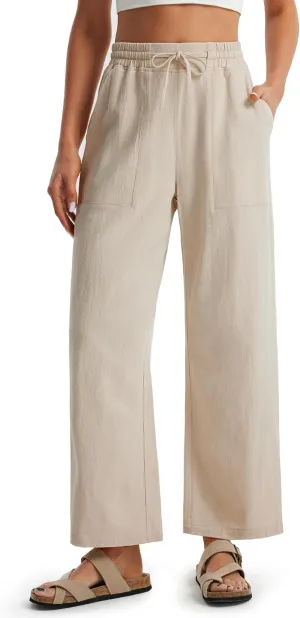 Libin Women Linen Pants Wide Leg Side Slit Ankle Pants High Waist Drawstring Casual Palazzo Loose Beach Pant Cropped Trousers