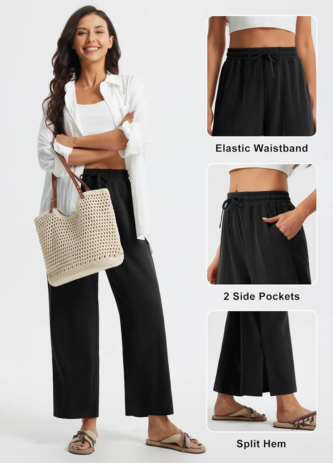 Libin Women Linen Pants Wide Leg Side Slit Ankle Pants High Waist Drawstring Casual Palazzo Loose Beach Pant Cropped Trousers