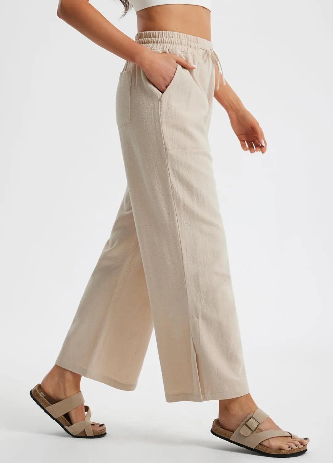 Libin Women Linen Pants Wide Leg Side Slit Ankle Pants High Waist Drawstring Casual Palazzo Loose Beach Pant Cropped Trousers