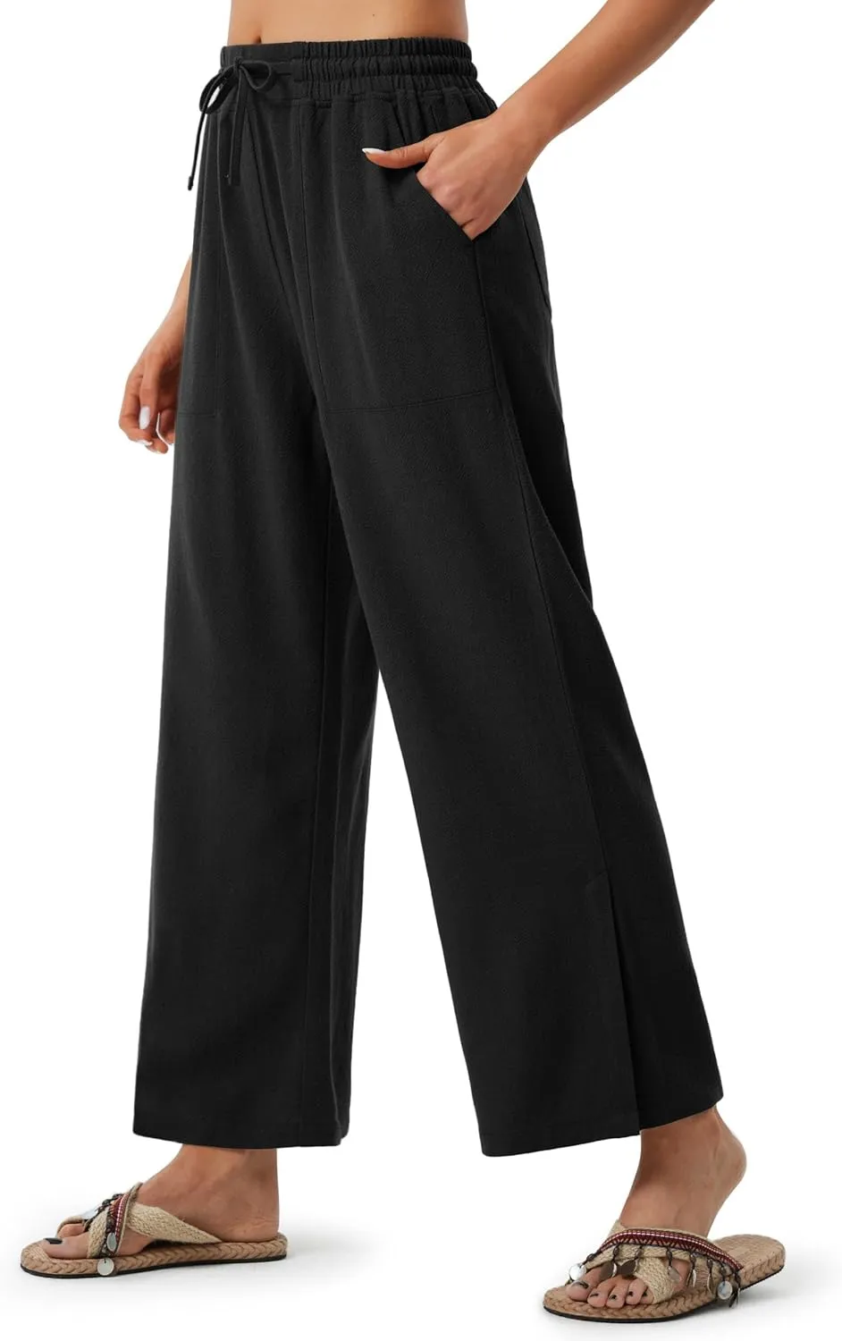 Libin Women Linen Pants Wide Leg Side Slit Ankle Pants High Waist Drawstring Casual Palazzo Loose Beach Pant Cropped Trousers