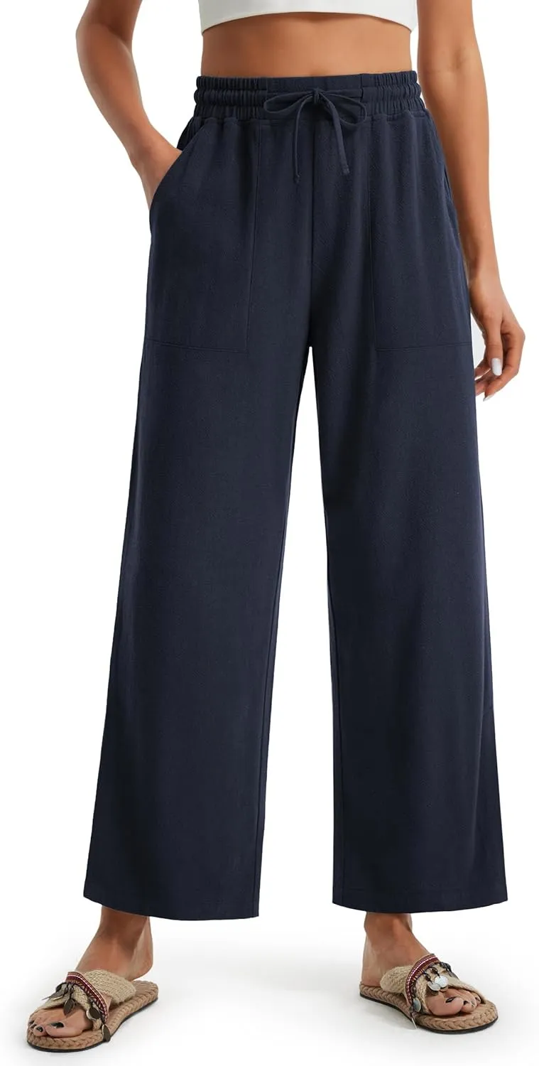 Libin Women Linen Pants Wide Leg Side Slit Ankle Pants High Waist Drawstring Casual Palazzo Loose Beach Pant Cropped Trousers
