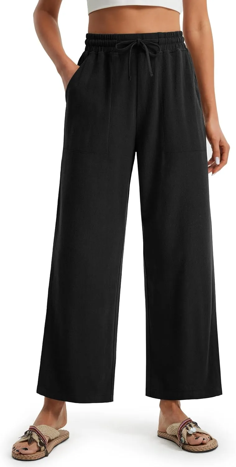 Libin Women Linen Pants Wide Leg Side Slit Ankle Pants High Waist Drawstring Casual Palazzo Loose Beach Pant Cropped Trousers