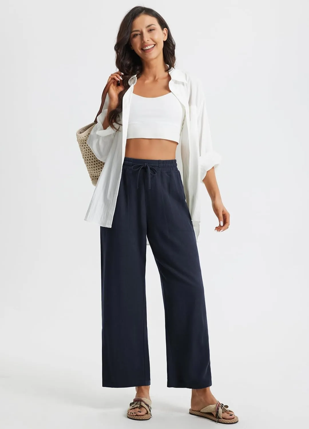Libin Women Linen Pants Wide Leg Side Slit Ankle Pants High Waist Drawstring Casual Palazzo Loose Beach Pant Cropped Trousers