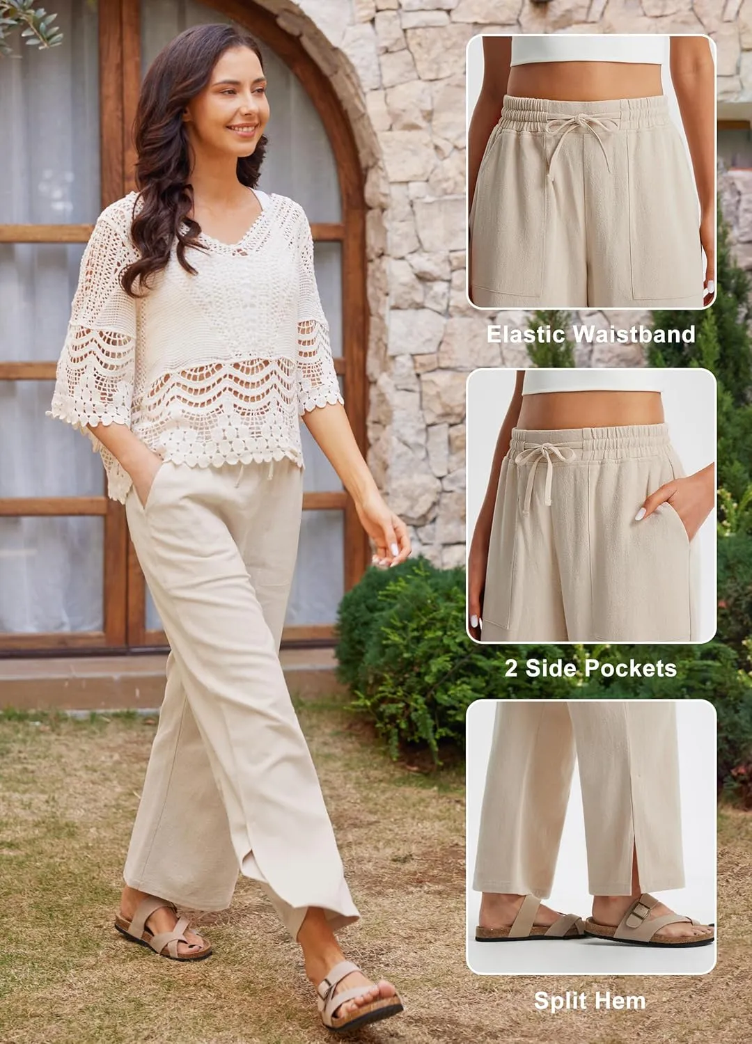 Libin Women Linen Pants Wide Leg Side Slit Ankle Pants High Waist Drawstring Casual Palazzo Loose Beach Pant Cropped Trousers
