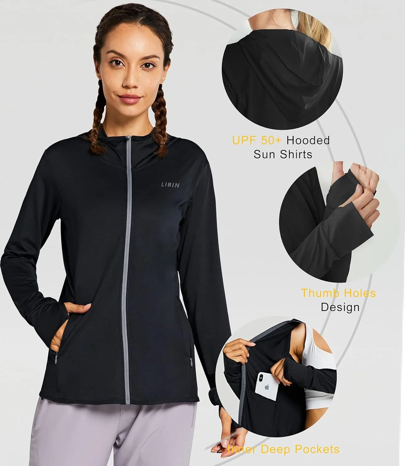 Libin Women's Sun Shirts Full Zip UPF 50  Sun Protection Hoodie Jacket Long Sleeve Hiking Outdoor Performance with Pockets