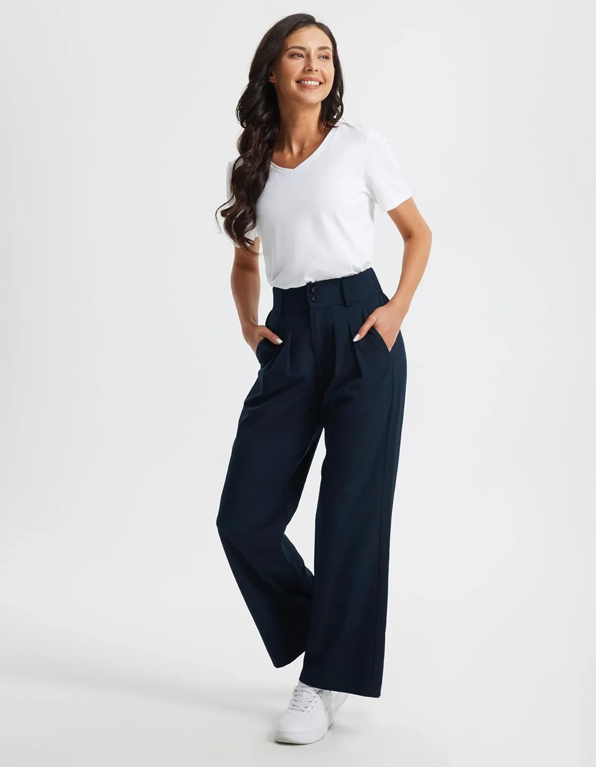 Libin Women's Wide Leg Dress Pants High Waisted Button Pleated Business Work Pants Casual Slacks Trousers with Pockets