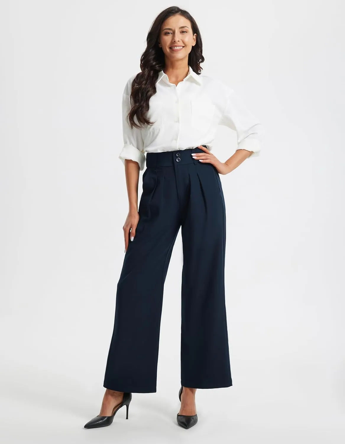 Libin Women's Wide Leg Dress Pants High Waisted Button Pleated Business Work Pants Casual Slacks Trousers with Pockets