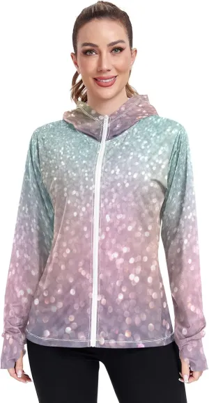 Light Glitter Womens Upf Hoodie Athletic Jacket with Thumb Holes Women's Hoodie Zip Front Rash Guard
