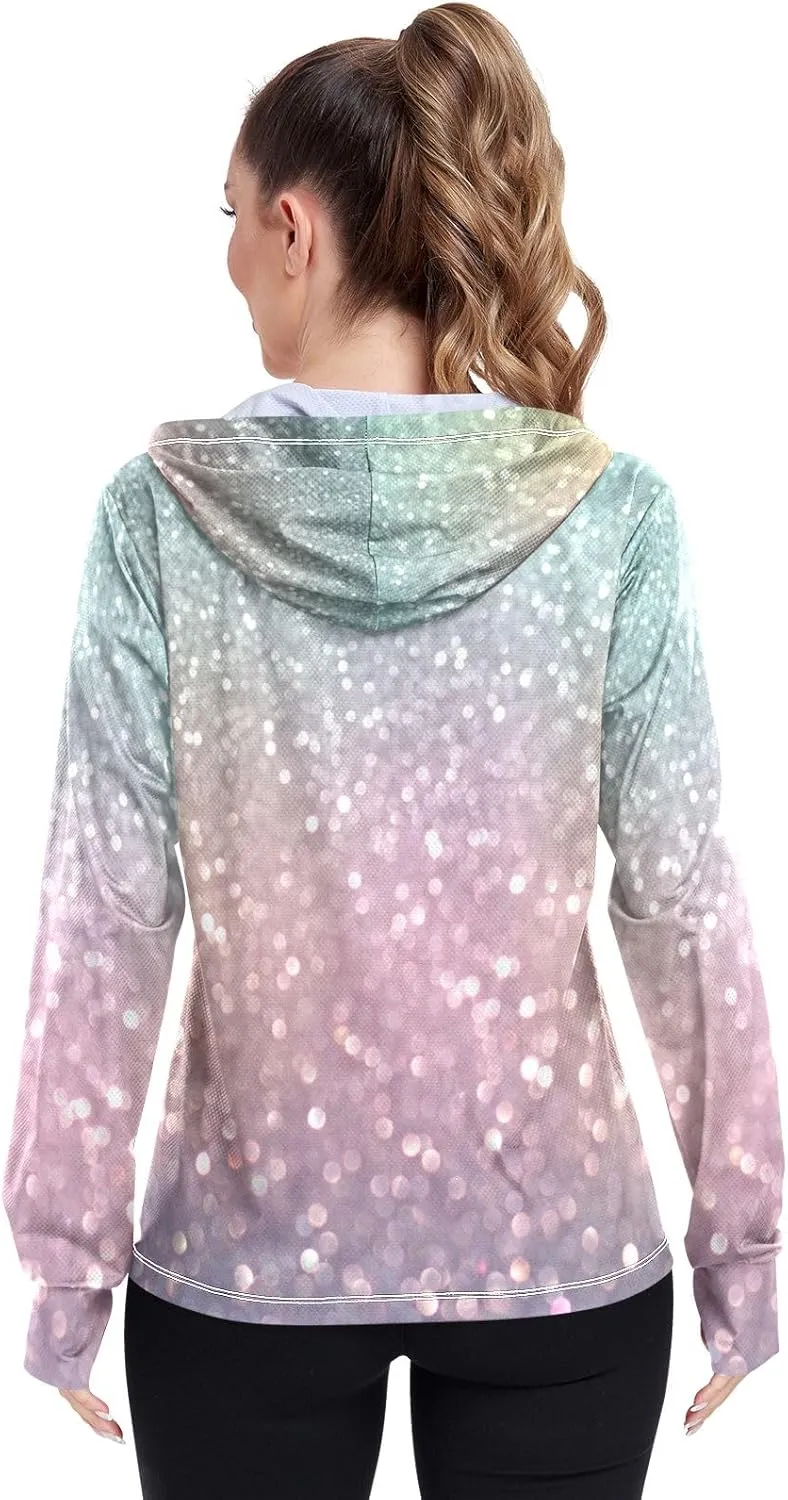 Light Glitter Womens Upf Hoodie Athletic Jacket with Thumb Holes Women's Hoodie Zip Front Rash Guard