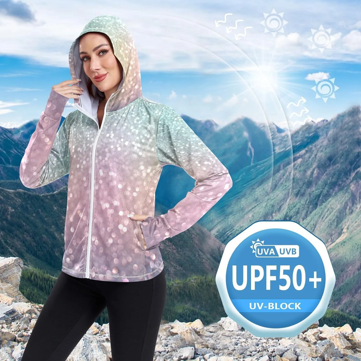 Light Glitter Womens Upf Hoodie Athletic Jacket with Thumb Holes Women's Hoodie Zip Front Rash Guard