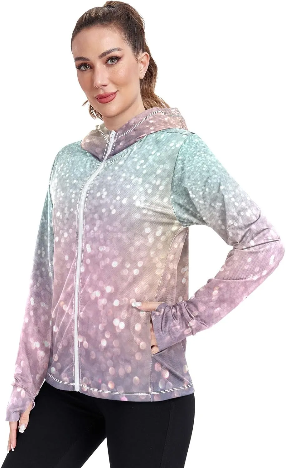 Light Glitter Womens Upf Hoodie Athletic Jacket with Thumb Holes Women's Hoodie Zip Front Rash Guard