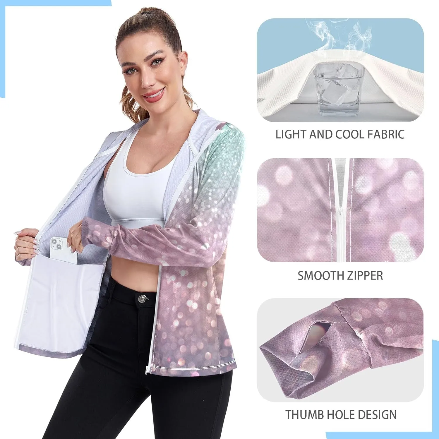 Light Glitter Womens Upf Hoodie Athletic Jacket with Thumb Holes Women's Hoodie Zip Front Rash Guard
