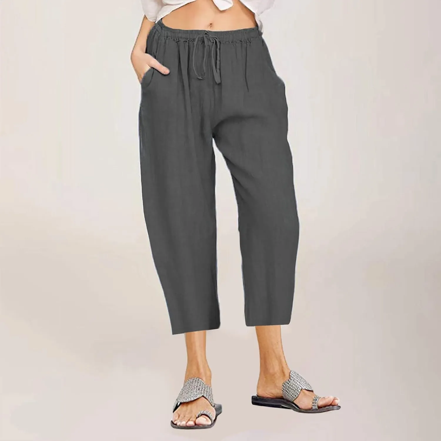 Linen Capris Pants for Women Beach Vacation Capris High Waisted Wide Leg Drawstring Casual Loose Trousers with Pockets