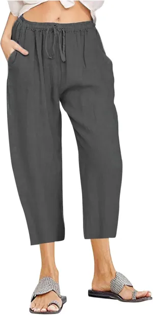 Linen Capris Pants for Women Beach Vacation Capris High Waisted Wide Leg Drawstring Casual Loose Trousers with Pockets