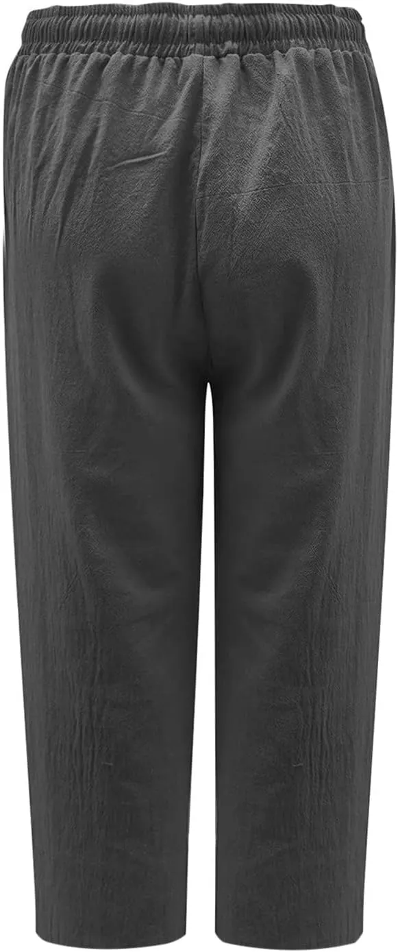Linen Capris Pants for Women Beach Vacation Capris High Waisted Wide Leg Drawstring Casual Loose Trousers with Pockets