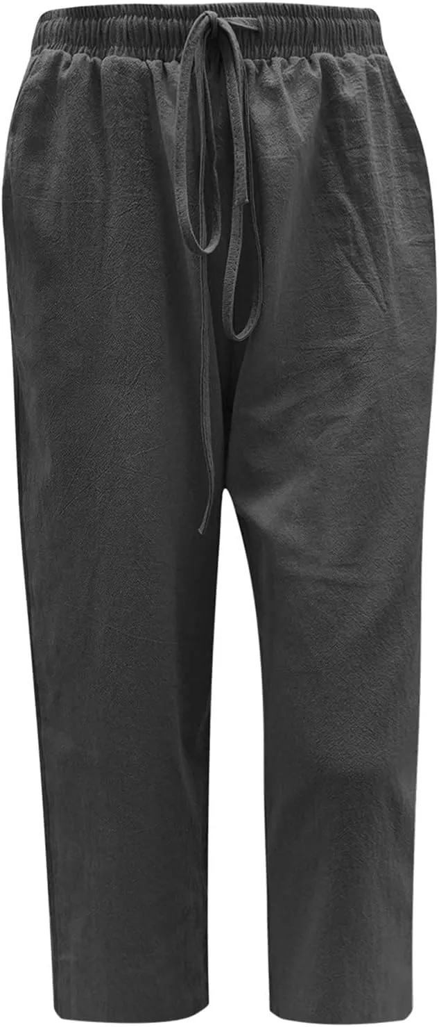 Linen Capris Pants for Women Beach Vacation Capris High Waisted Wide Leg Drawstring Casual Loose Trousers with Pockets
