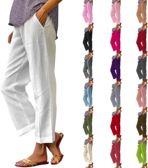 Linen Pants for Women Trendy Solid Elastic High Waist Straight Leg Lounge Pant Summer Casual Trousers with Pockets
