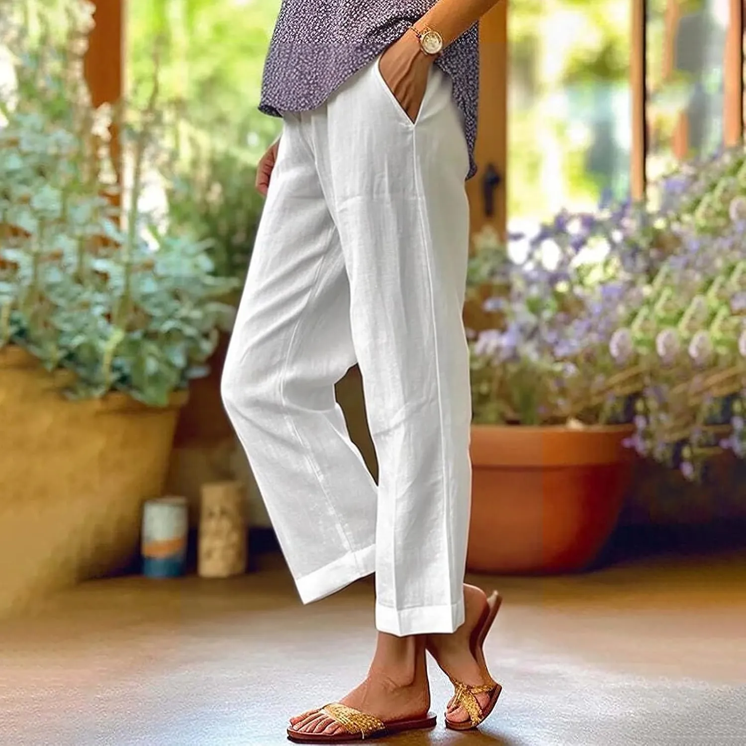 Linen Pants for Women Trendy Solid Elastic High Waist Straight Leg Lounge Pant Summer Casual Trousers with Pockets