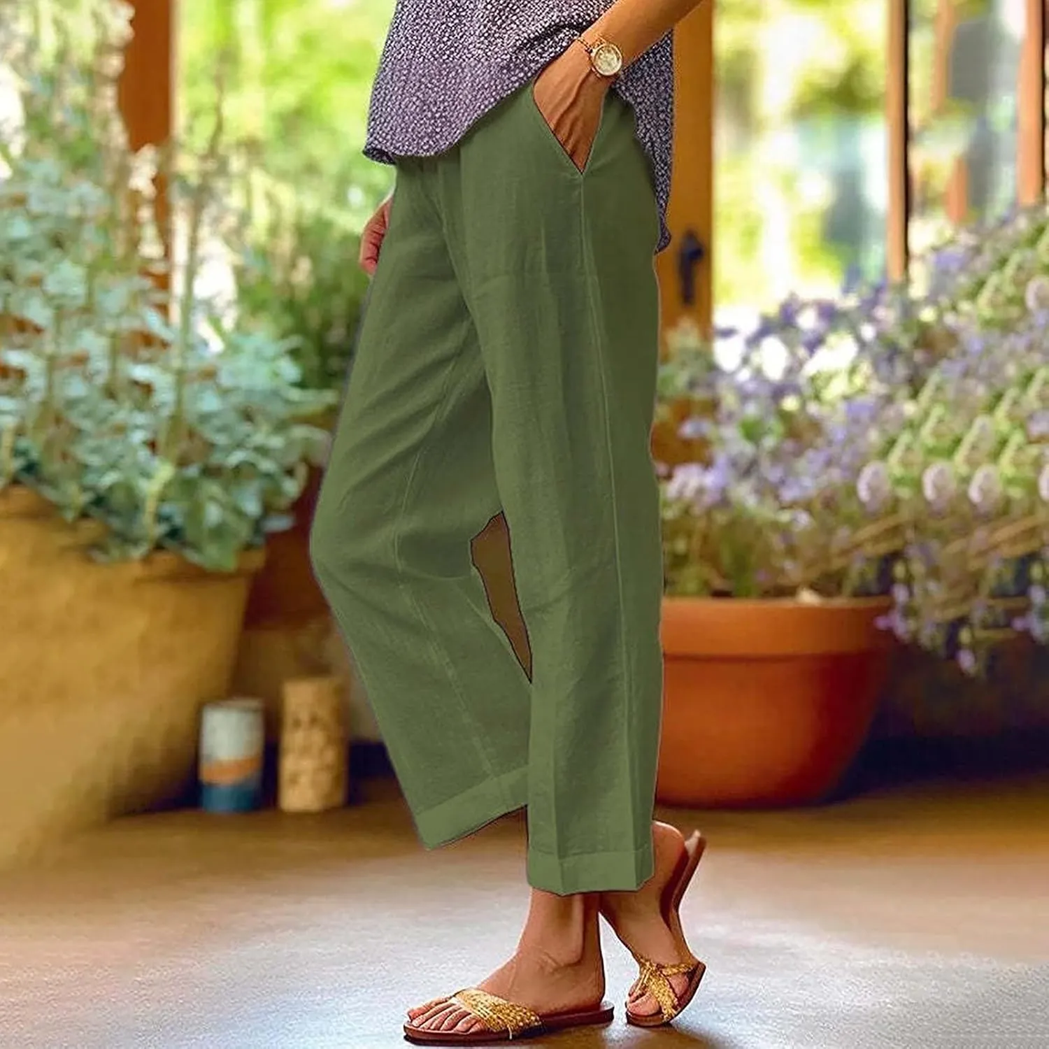 Linen Pants for Women Trendy Solid Elastic High Waist Straight Leg Lounge Pant Summer Casual Trousers with Pockets