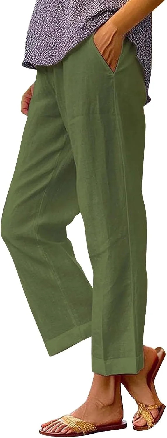 Linen Pants for Women Trendy Solid Elastic High Waist Straight Leg Lounge Pant Summer Casual Trousers with Pockets