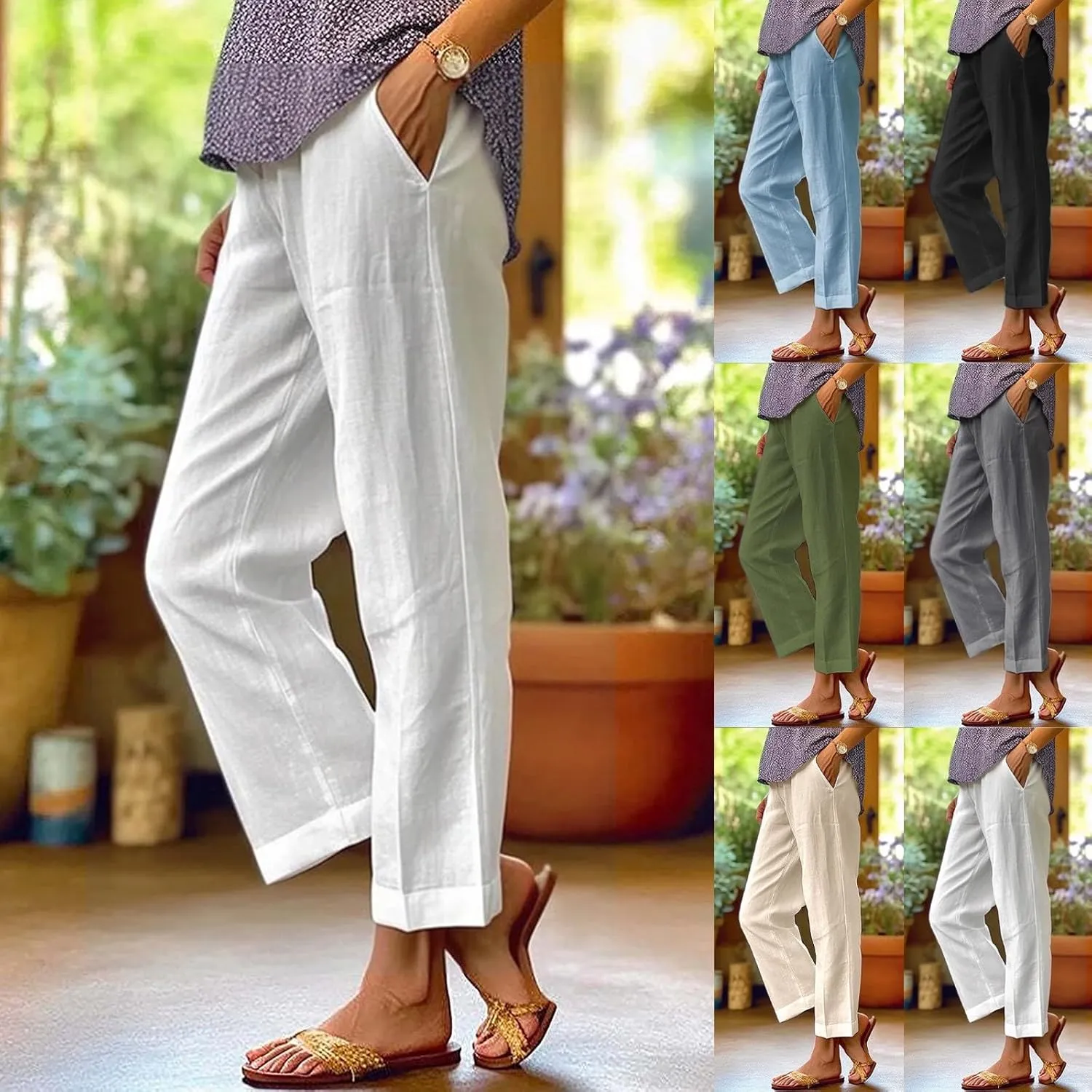 Linen Pants for Women Trendy Solid Elastic High Waist Straight Leg Lounge Pant Summer Casual Trousers with Pockets