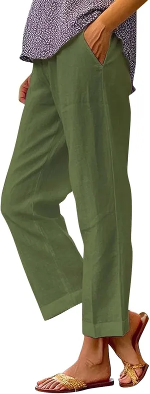 Linen Pants for Women Trendy Solid Elastic High Waist Straight Leg Lounge Pant Summer Casual Trousers with Pockets