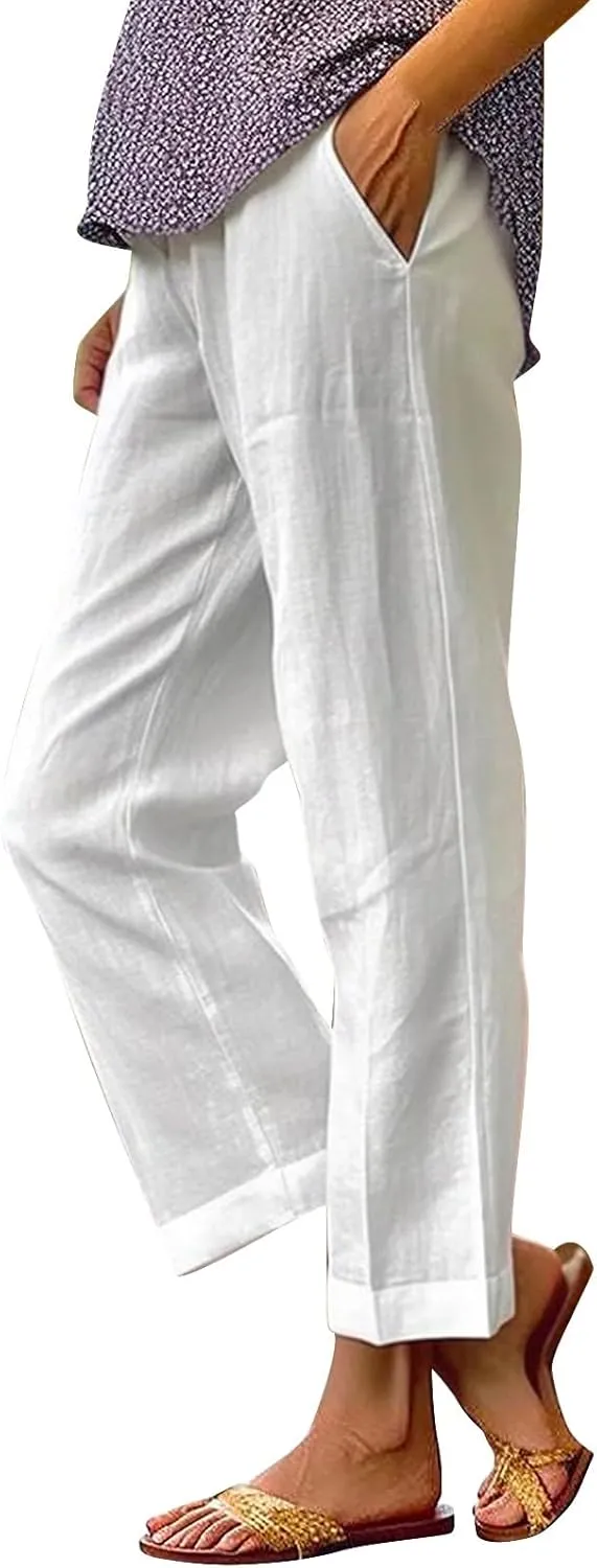 Linen Pants for Women Trendy Solid Elastic High Waist Straight Leg Lounge Pant Summer Casual Trousers with Pockets