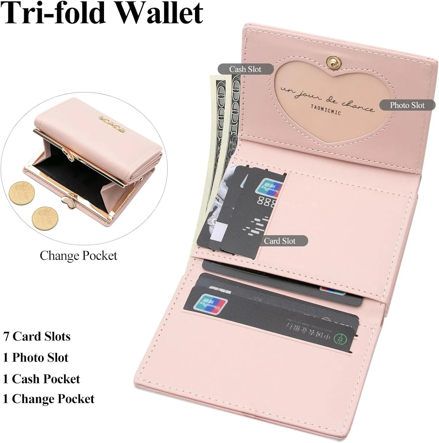 LJCZKA Wallet for Women Cute Wallet Card Holder for Girls Small Trifold RFID Blocking Wallet Zipper Leather Short Purse (Pink)