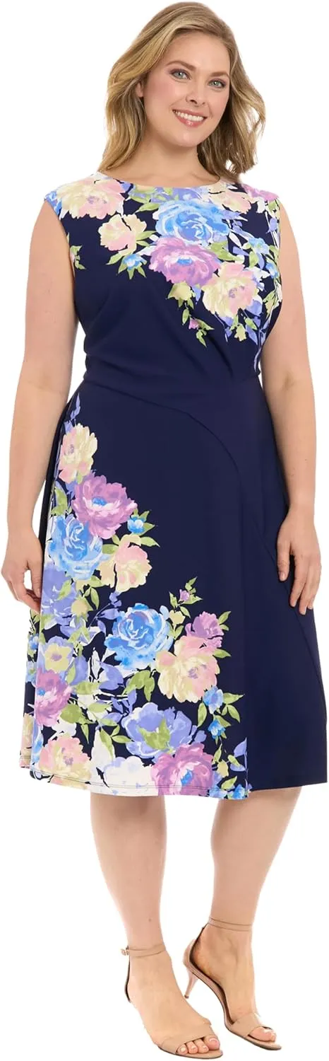 London Times Women's Extended Shoulder Asymm Seamed Flare Dress