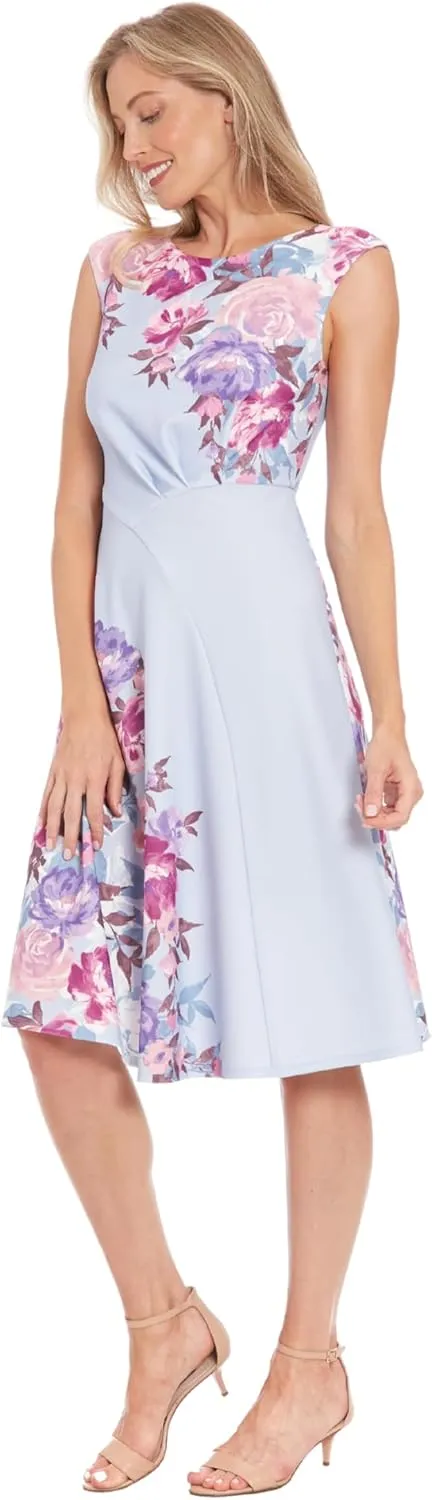 London Times Women's Extended Shoulder Asymm Seamed Flare Dress