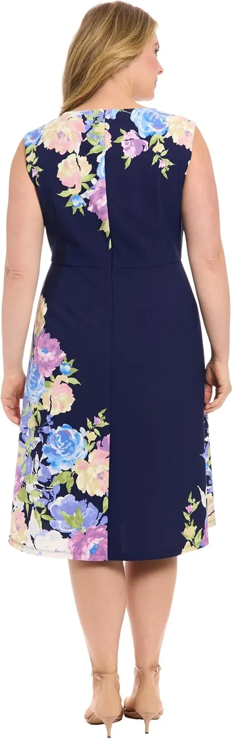 London Times Women's Extended Shoulder Asymm Seamed Flare Dress