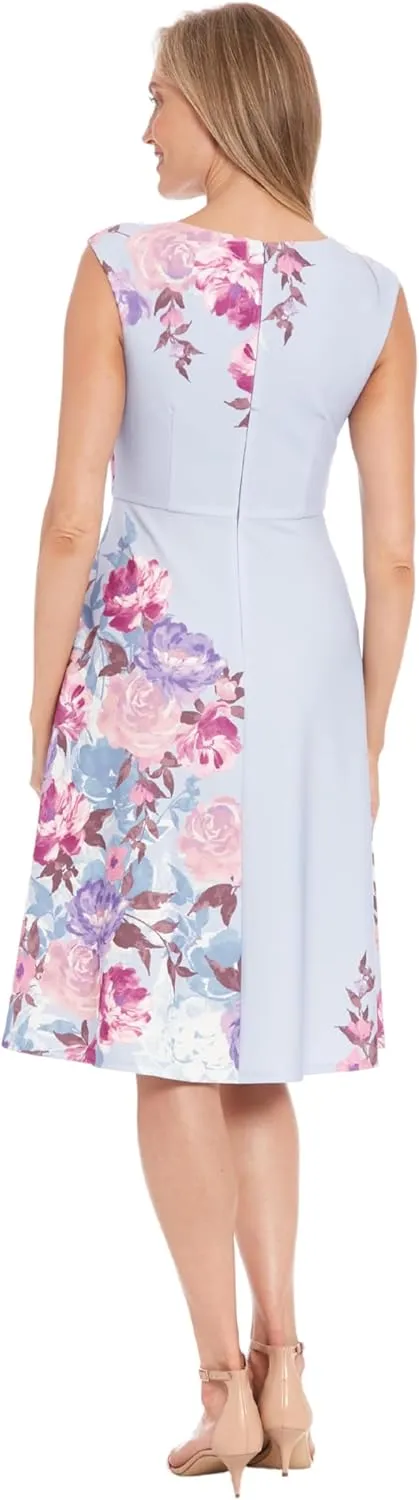 London Times Women's Extended Shoulder Asymm Seamed Flare Dress