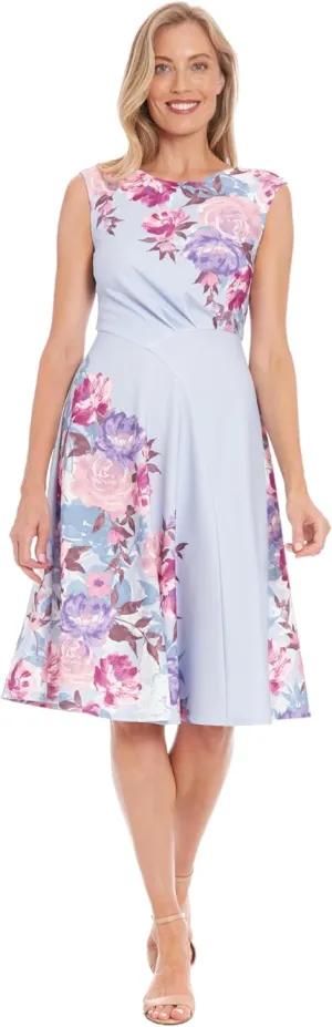 London Times Women's Extended Shoulder Asymm Seamed Flare Dress