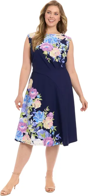 London Times Women's Extended Shoulder Asymm Seamed Flare Dress
