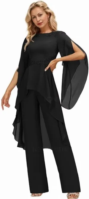 Long Sleeve Chiffon Mother of The Bride Pant Suits for Wedding Lace 2 Pieces Formal Evening Pantsuits for Women