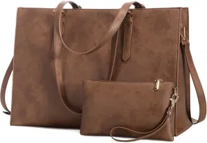 LOVEVOOK 17.3-inch Laptop Bag for Women, Vintage Leather Large Capacity Travel Tote Bag with Clutch Purse 2PCs Set, Professional Business Computer Work Bag, Shoulder Briefcase for Office Lady, Brown