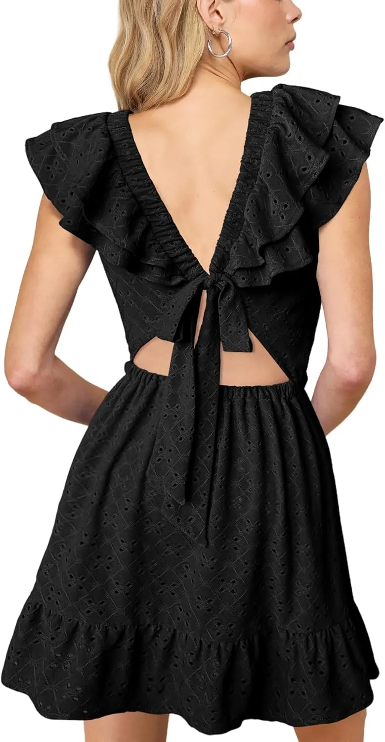 Lrady Womens Deep V Neck Tie Back Ruffle Sleeveless A Line Flowy Swing Shift Short Mini Dress
