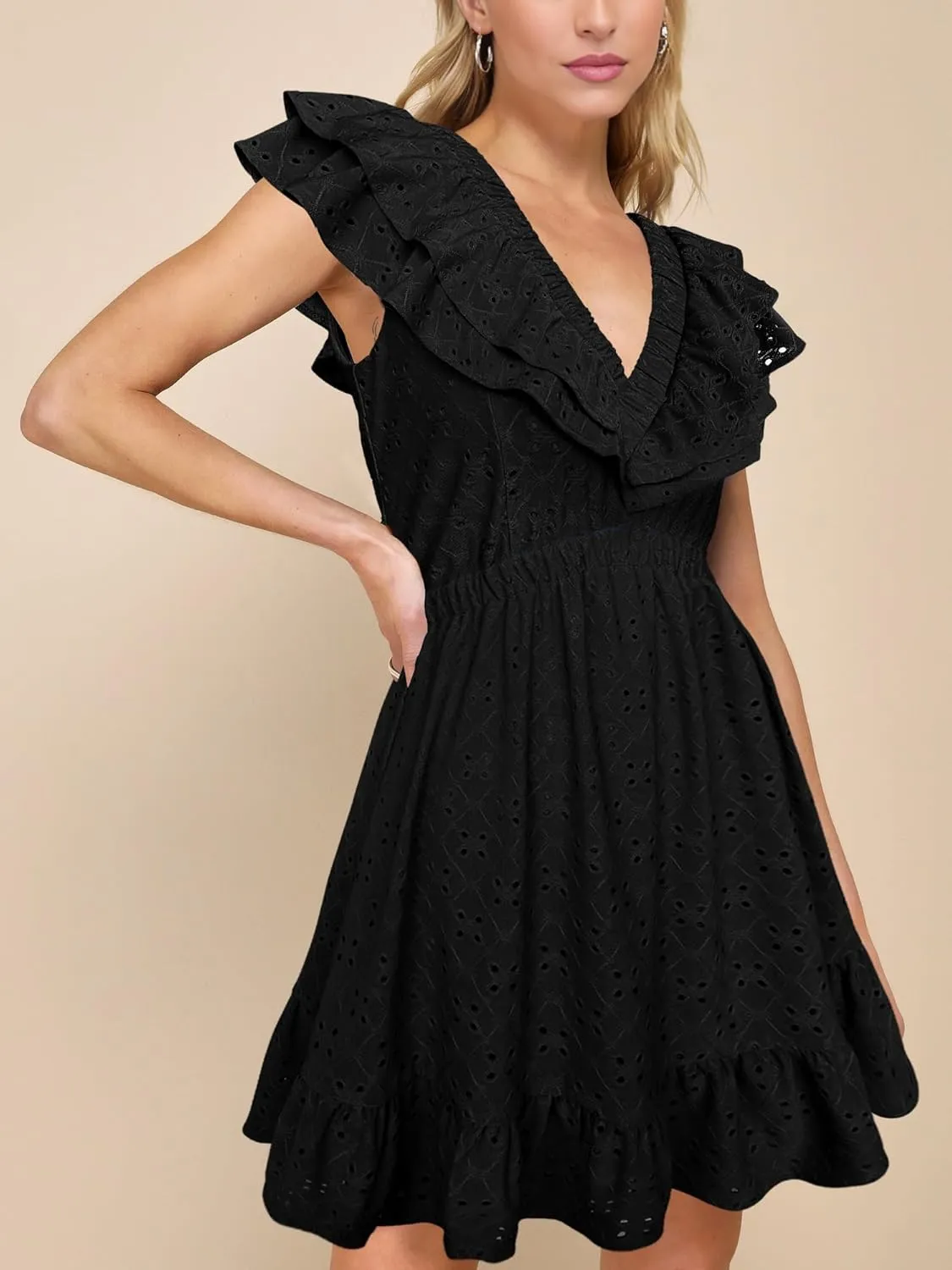 Lrady Womens Deep V Neck Tie Back Ruffle Sleeveless A Line Flowy Swing Shift Short Mini Dress