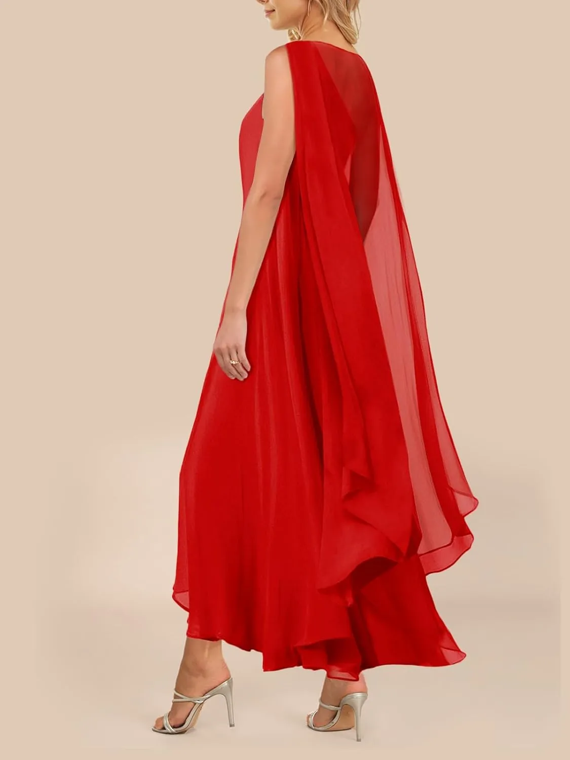 Lrady Women's Elegant Evening Gowns Crewneck One Shoulder Flowy Aline Wedding Guest Party Formal Maxi Dresses with Cape