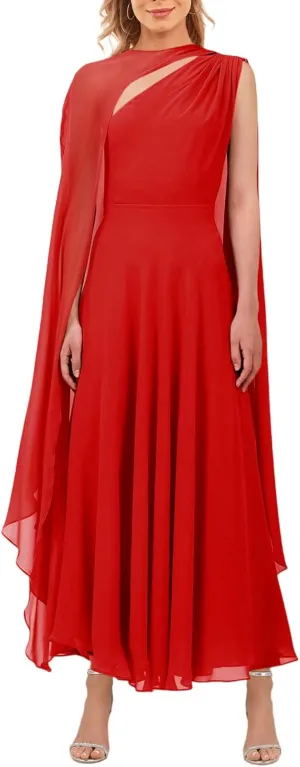 Lrady Women's Elegant Evening Gowns Crewneck One Shoulder Flowy Aline Wedding Guest Party Formal Maxi Dresses with Cape