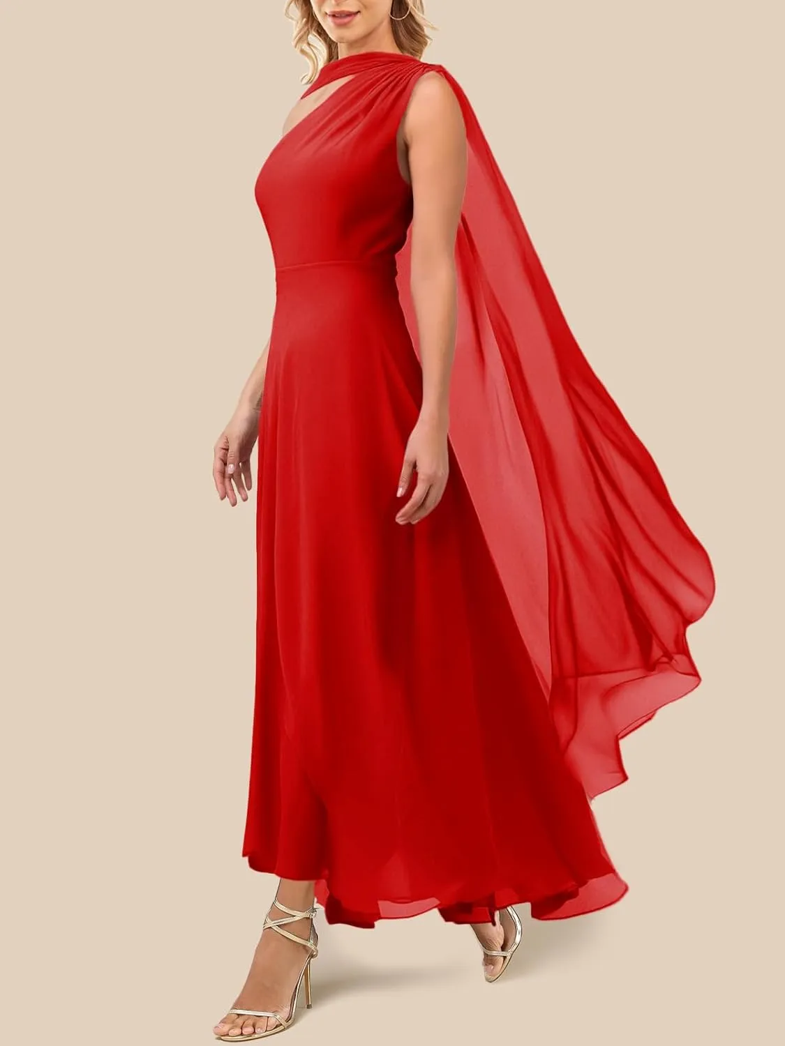 Lrady Women's Elegant Evening Gowns Crewneck One Shoulder Flowy Aline Wedding Guest Party Formal Maxi Dresses with Cape