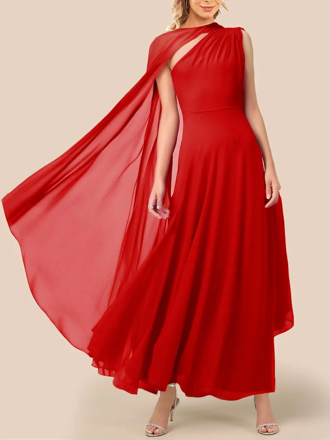 Lrady Women's Elegant Evening Gowns Crewneck One Shoulder Flowy Aline Wedding Guest Party Formal Maxi Dresses with Cape