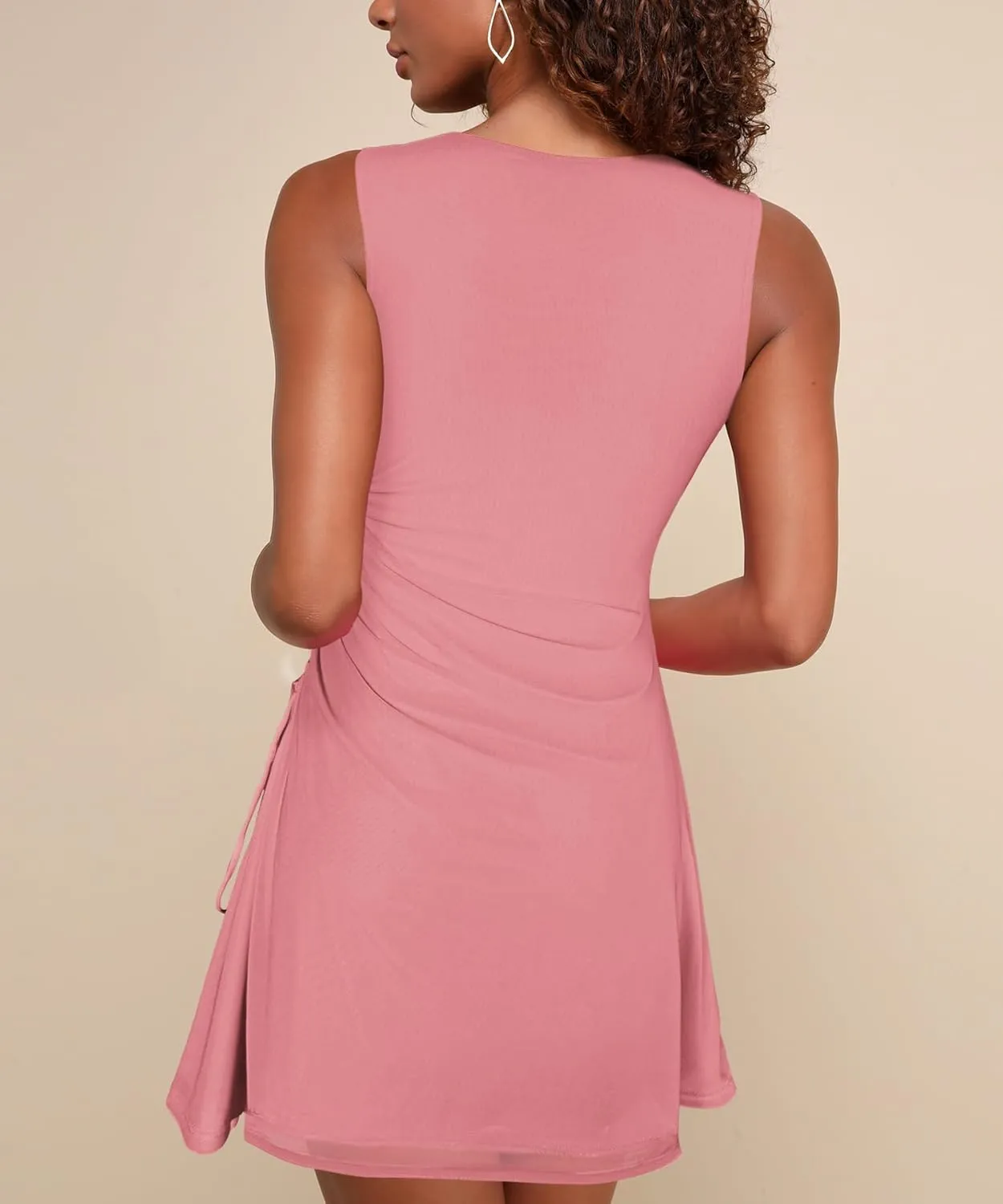 Lrady Women's Sexy Square Neck Mini Ruched Mesh Sleeveless Ruched Side Drawstring Flare Club Party Going Out Short Dresses