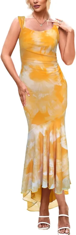 Lrady Women's Sleeveless Ruffle Cocktail Party Maxi Bodycon Vacation Dresses Long Formal Wedding Guest Dress