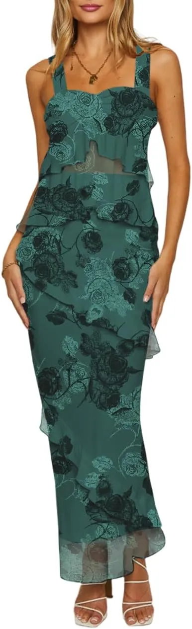 Lrady Women's Two Piece Skirt Sets Beach Formal Wedding Guest Sleeveless Peplum Ruffle Party Maxi Bodycon Dress Outfits